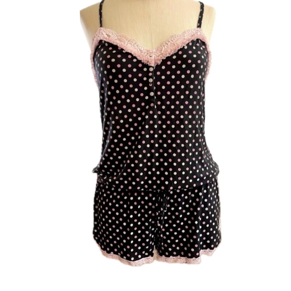 Y2K Victoria's Secret Black and Pink Polka Dot Sexy Comfy Lace Pajama Romper M